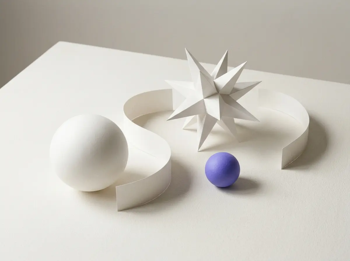 White paper sphere, star and curved ribbon with one small violet ball, on a light surface