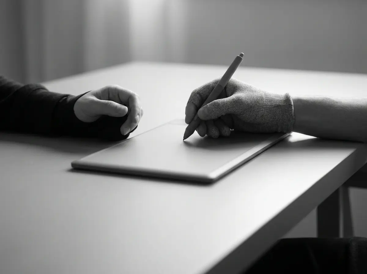 A designer drawing with a stylus on a tablet, in black and white